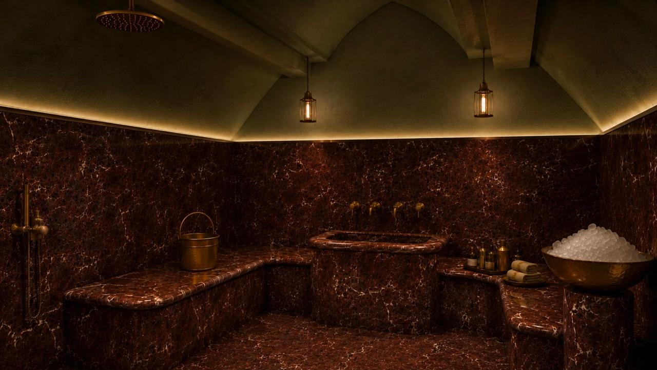 Projection d’ambiance : hammam en marbre rouge avec voûte et éclairage chaleureux