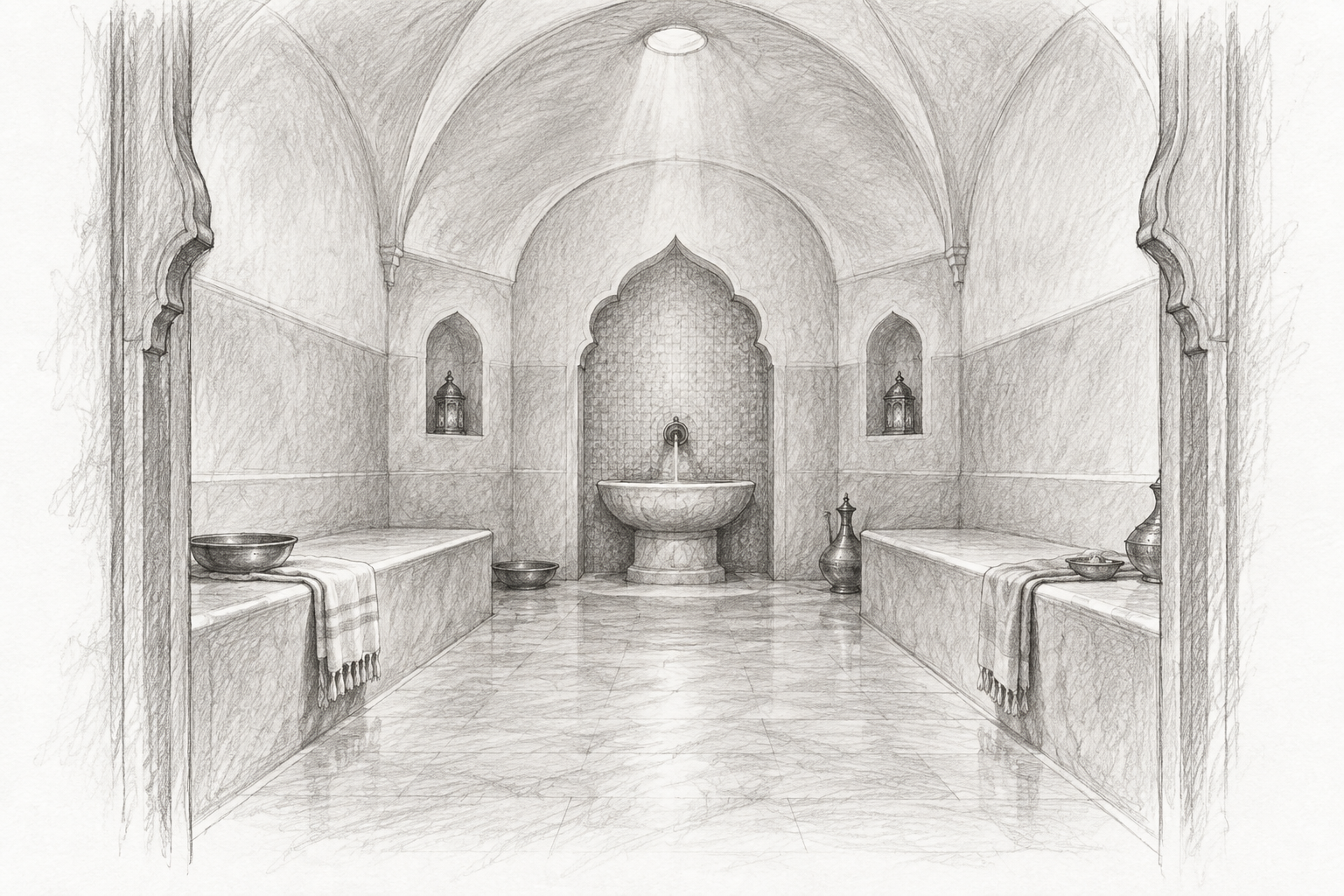 Croquis de conception d’un hammam voûté avec banquettes latérales et bassin central