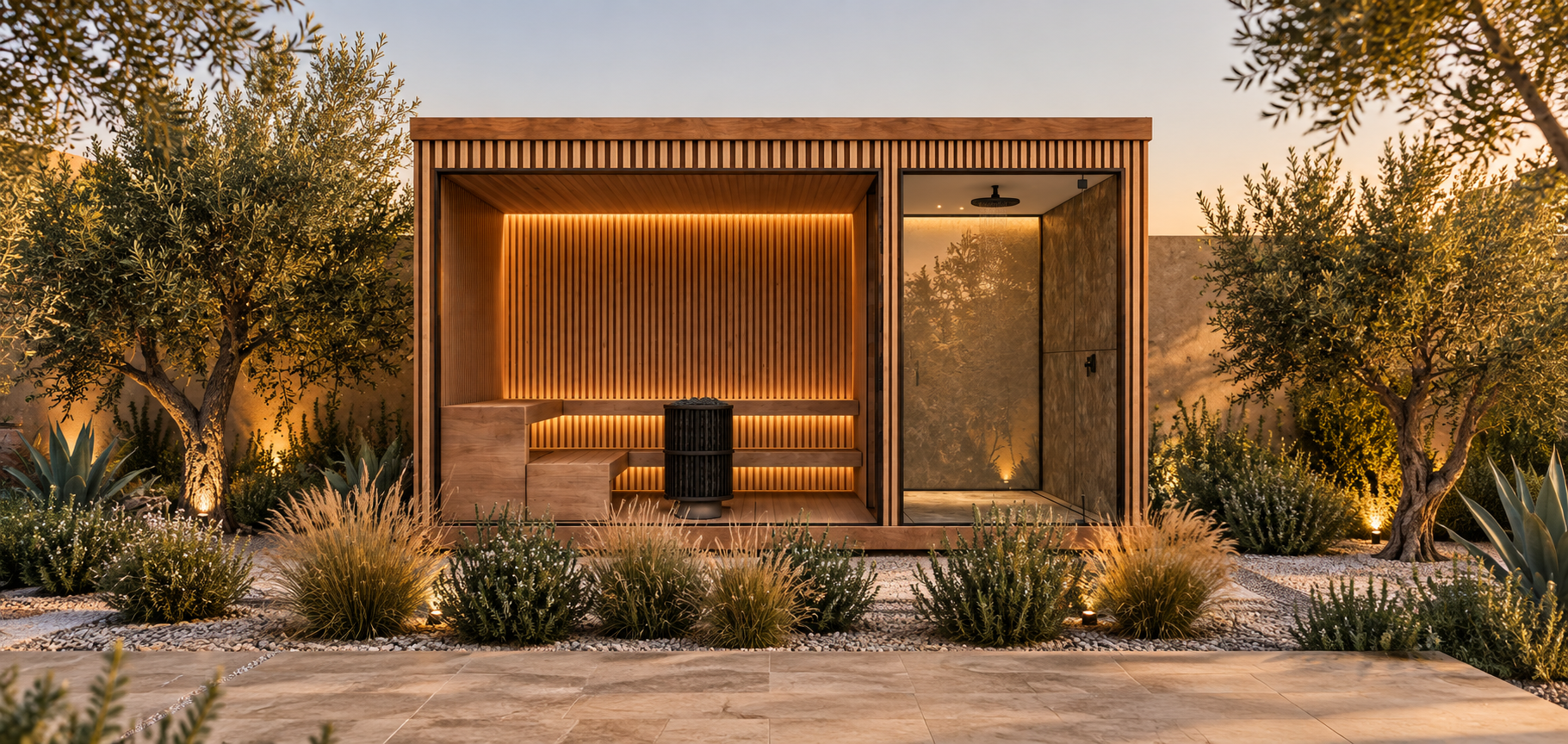 Projection d’ambiance : pavillon sauna dans un jardin méditerranéen