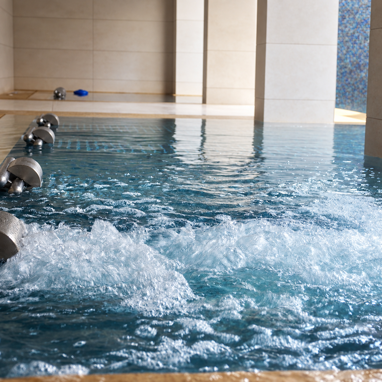 Détail de l’eau en mouvement et des bulles autour des équipements d’hydromassage