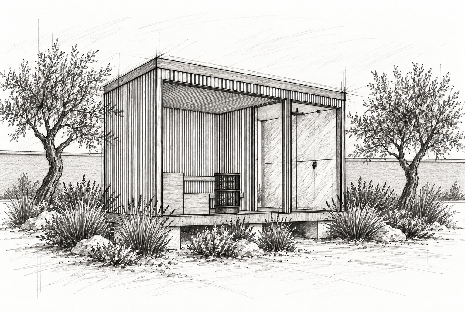 Croquis architectural d’un pavillon sauna SPA FACTORY dans son jardin