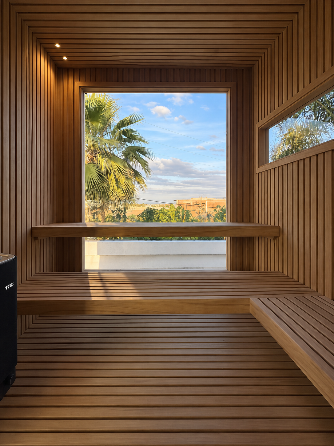 Sauna en bois aux banquettes en angle, ouvert sur les palmiers par une grande fenêtre